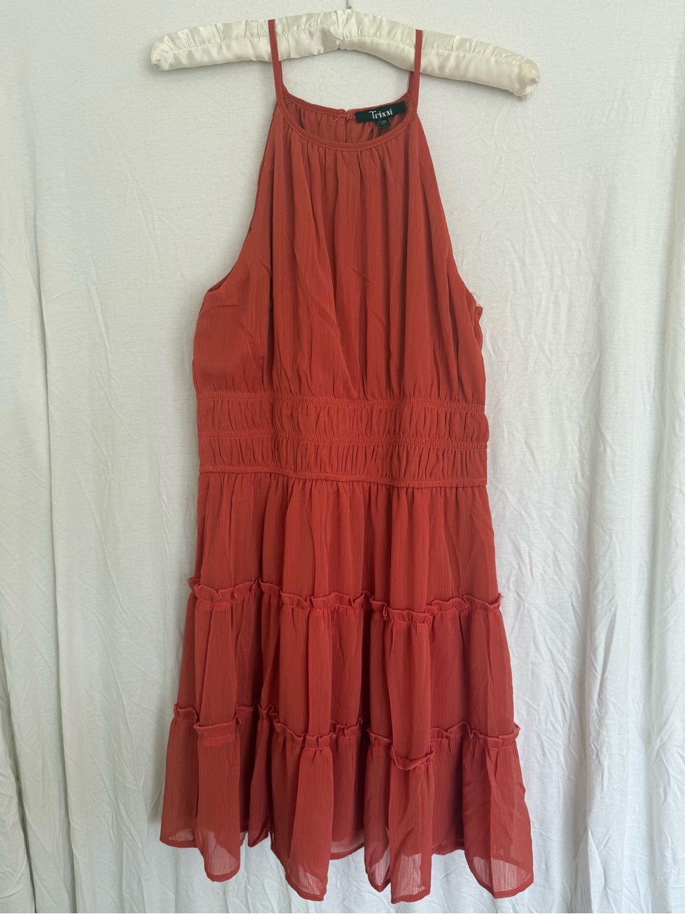 Trixxi Women's Rust-Red Halter Tiered Midi Dress